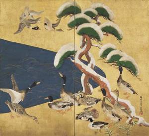 Ogata Korin. Wild geese and snowy pine trees 