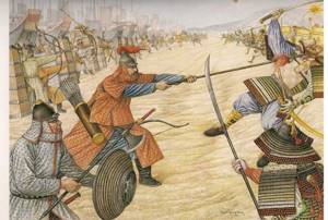 Battle of the amphibious assault of the Mongols and Japanese samurai on the coast of Japan